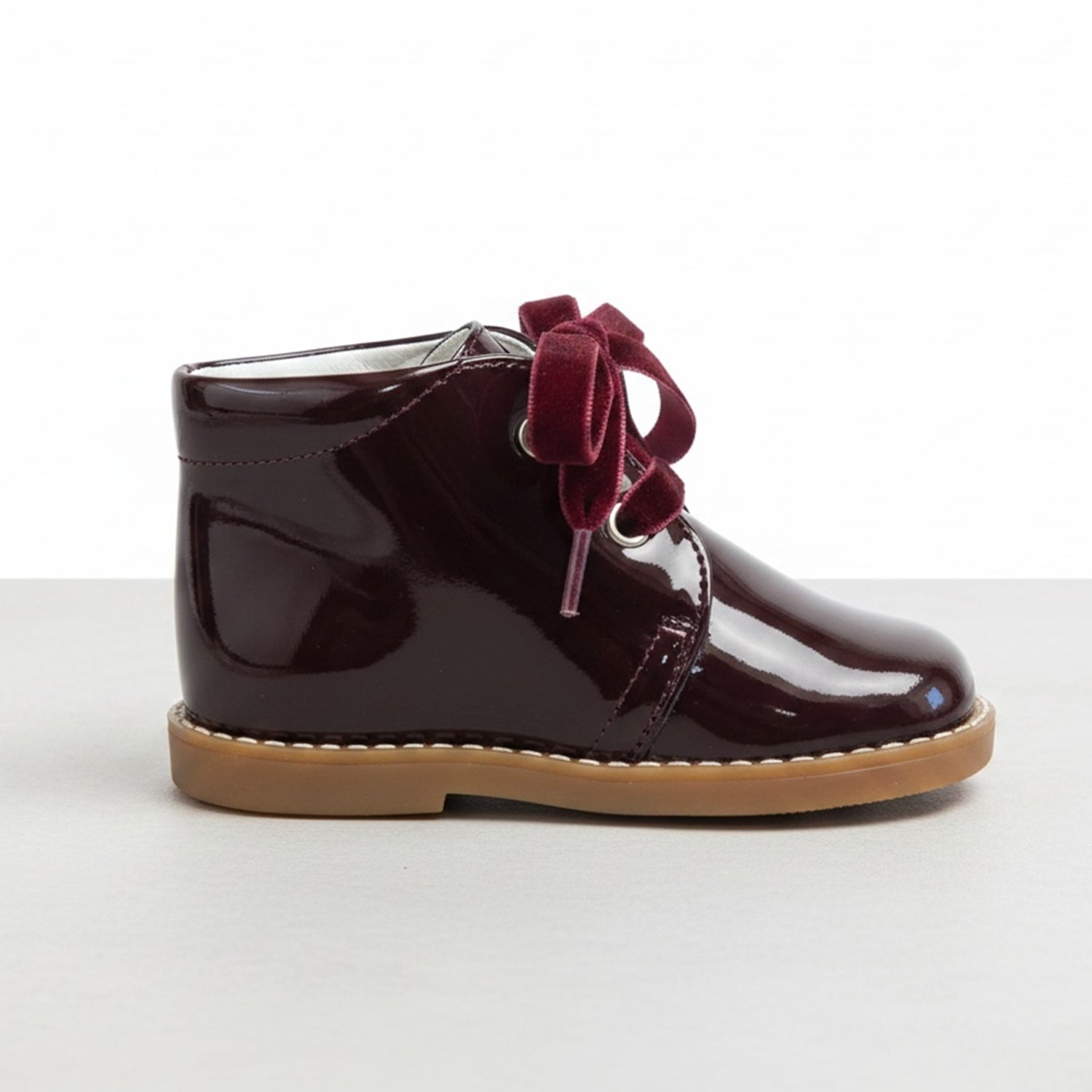 Burgundy Patent Leather Velvet Lace Ankle Boot