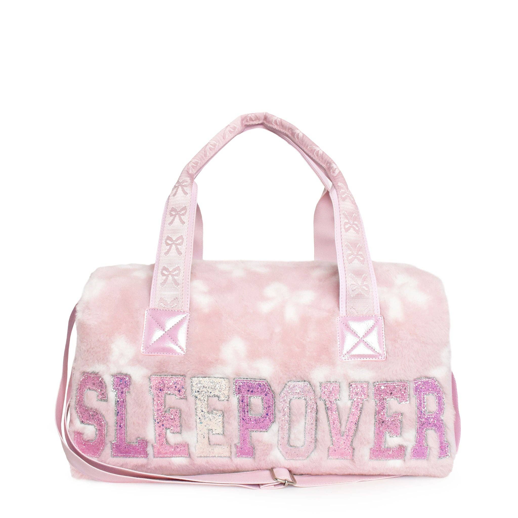 'SLEEPOVER' Plush Bow Print Large Duffle Bag