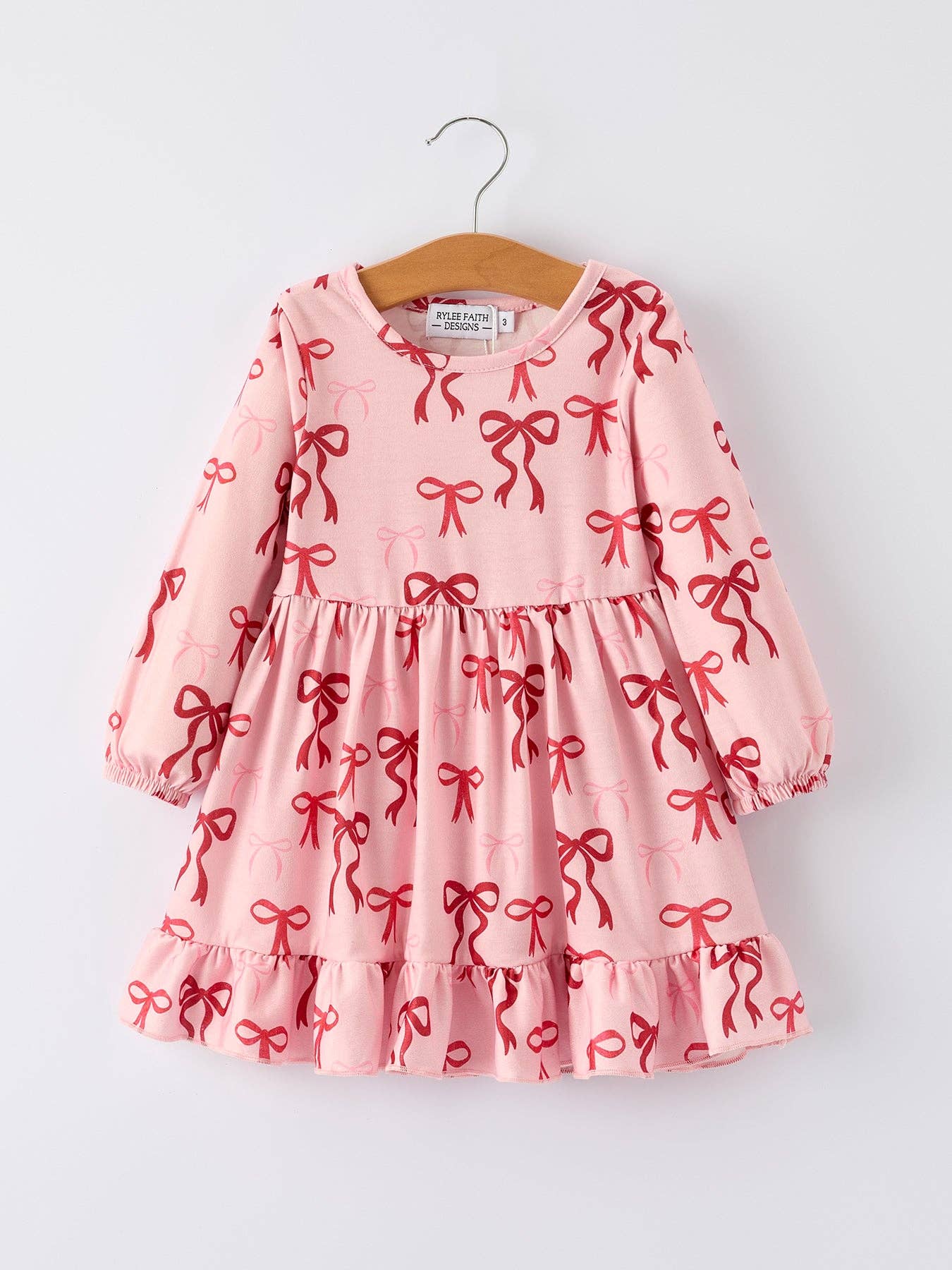 Pink Bow Print Girls Nightdress with Ruffle Hem