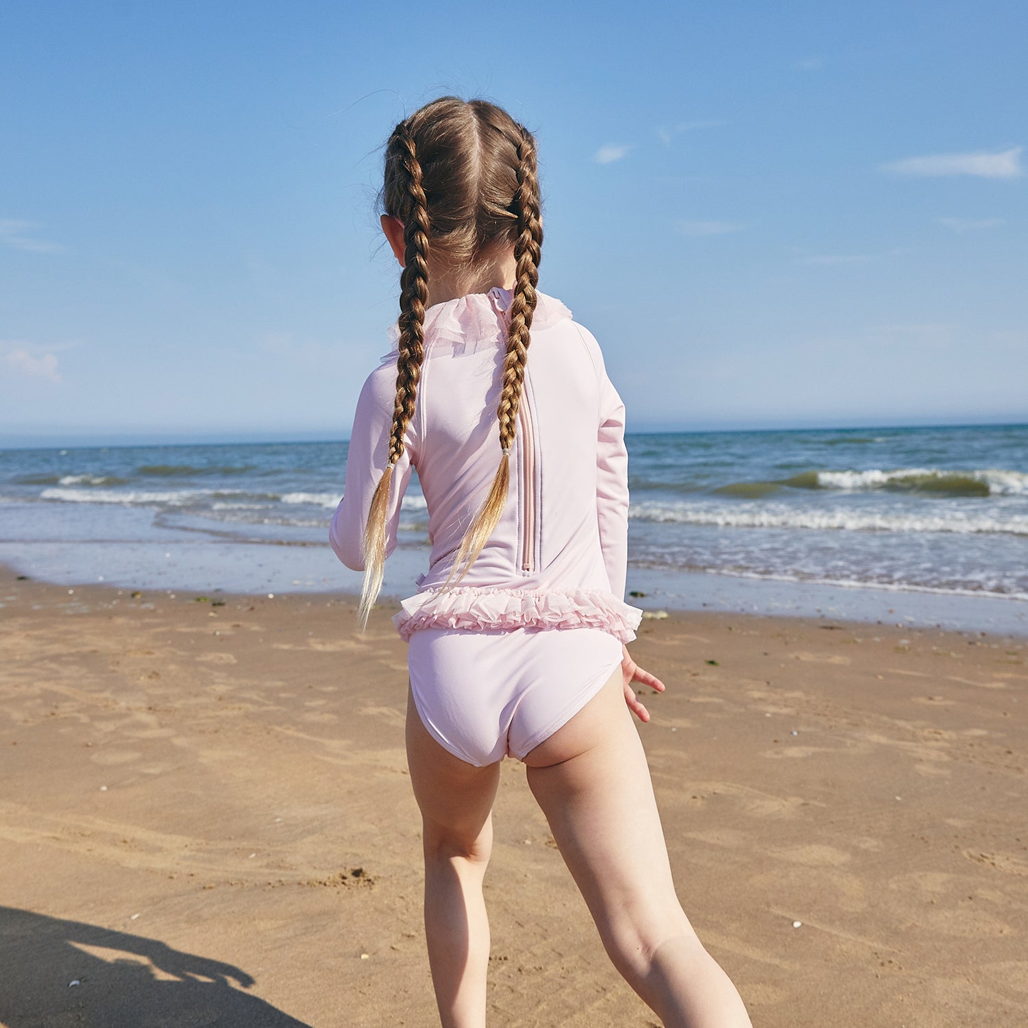 Pink Long Sleeved Tulle Frill Swimsuit