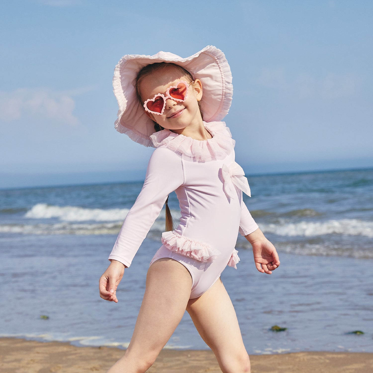 Pink Long Sleeved Tulle Frill Swimsuit