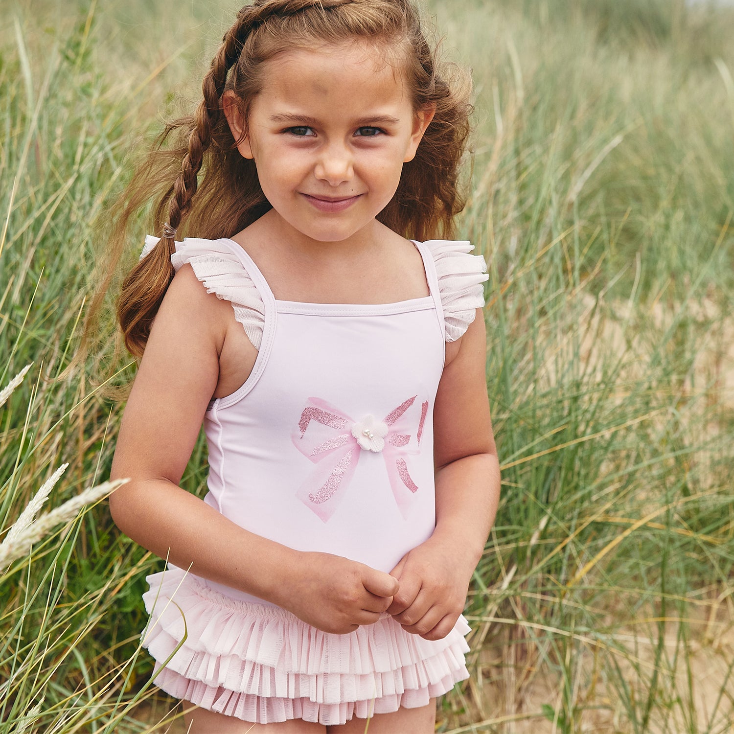 Pink Tulle Frill Glitter Bow Swimsuit