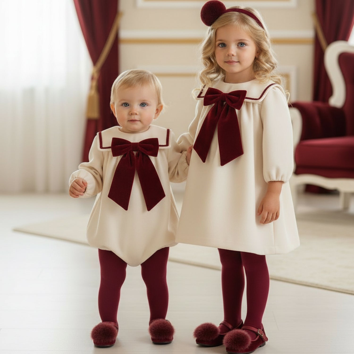 Ivory & Burgundy Velvet Trim Dress