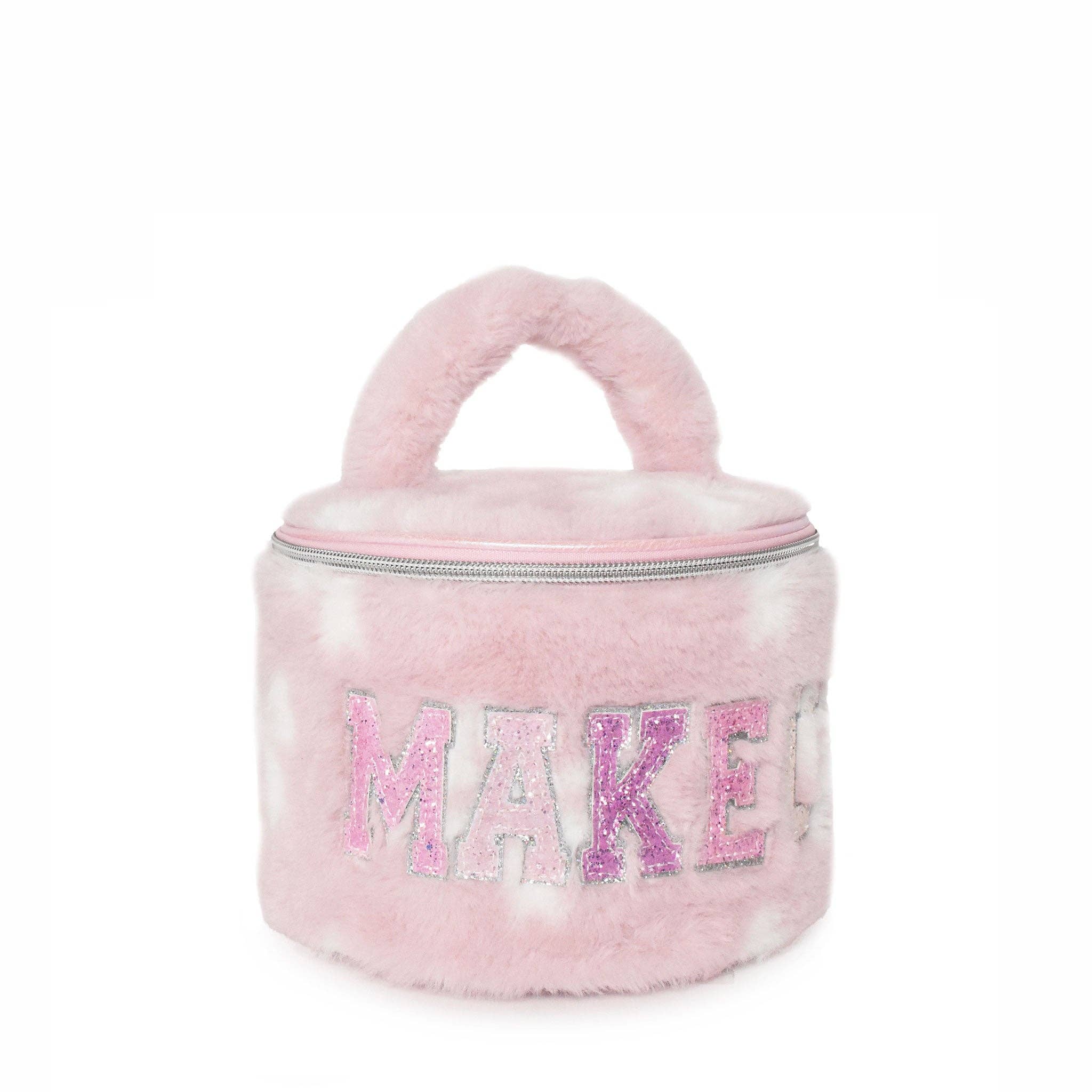 'MAKEUP' Plush Bow Printed Round Glam Bag