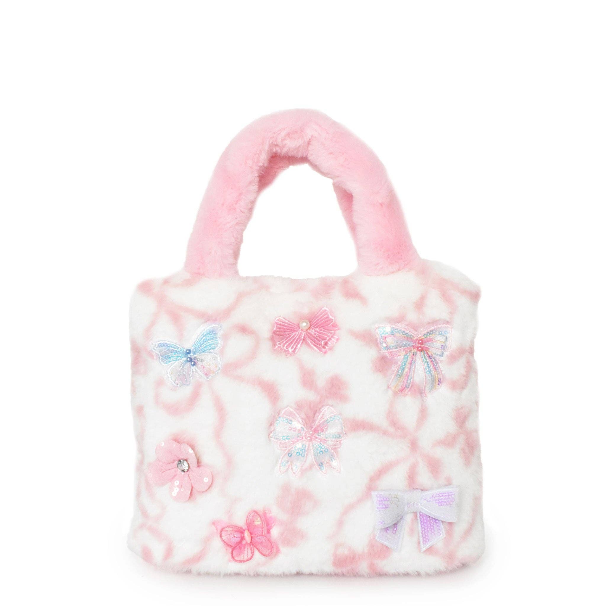Butterfly Patched Bow Print Plush Mini Tote Bag