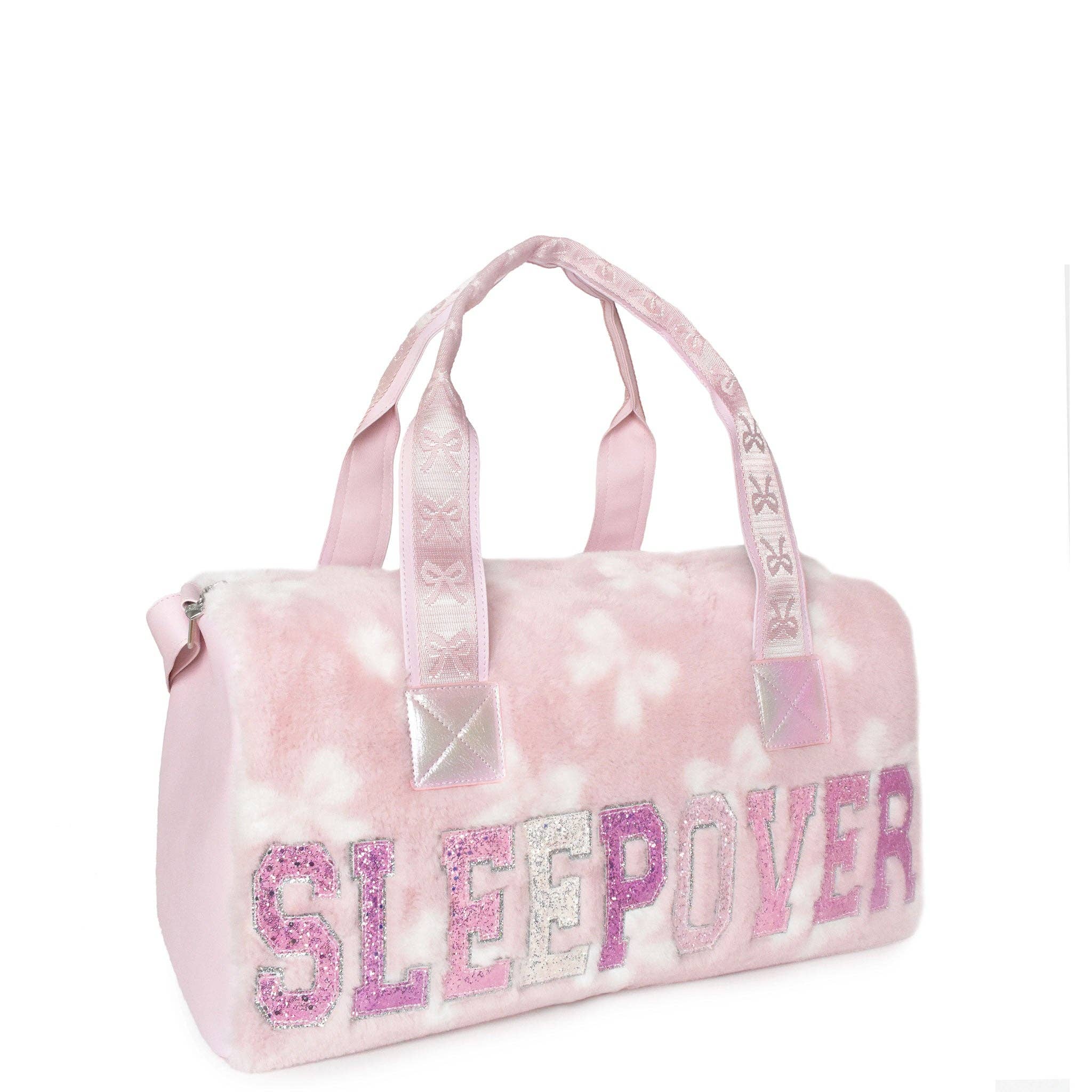 'SLEEPOVER' Plush Bow Print Large Duffle Bag