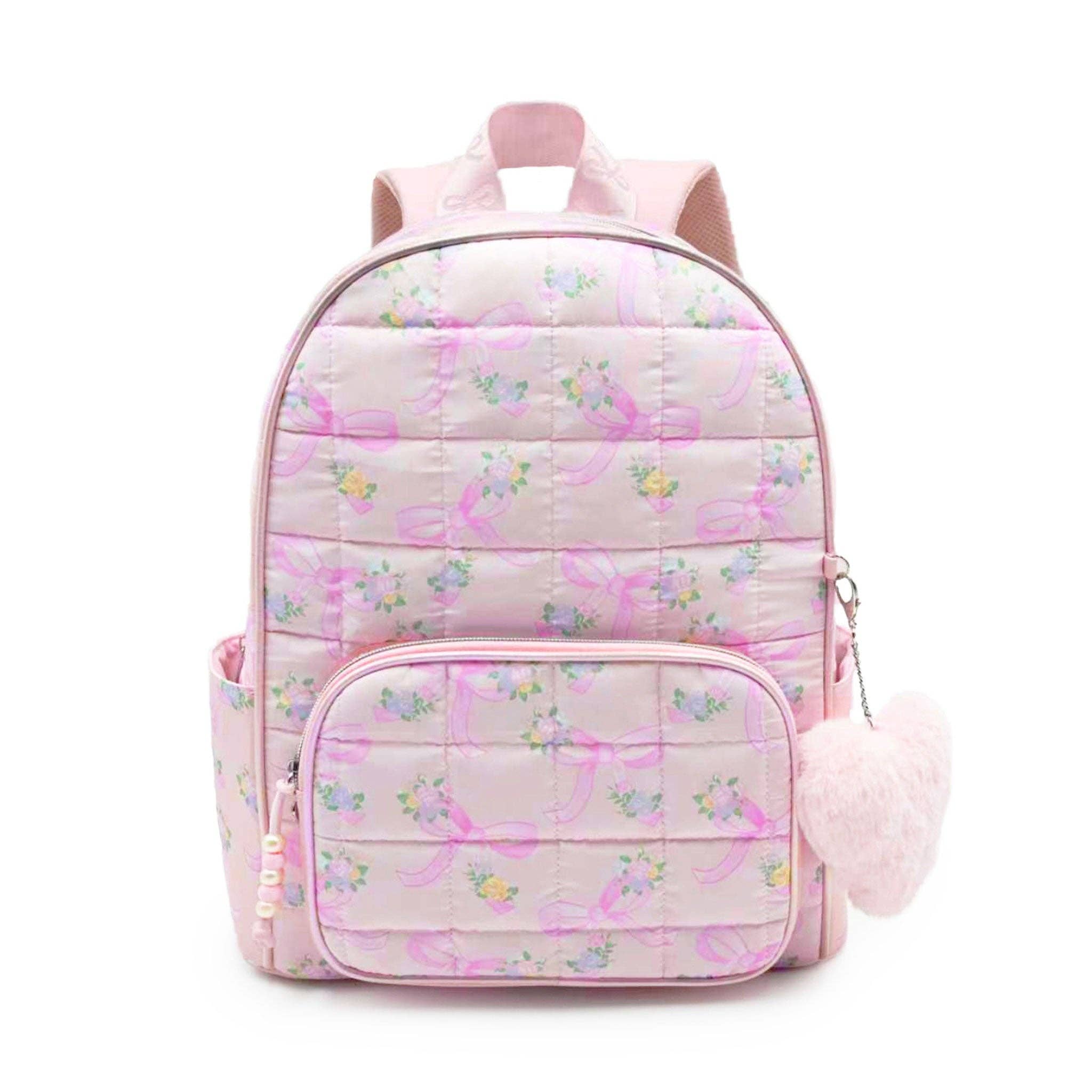 Floral & Bow Quilted Large Backpack With Charm