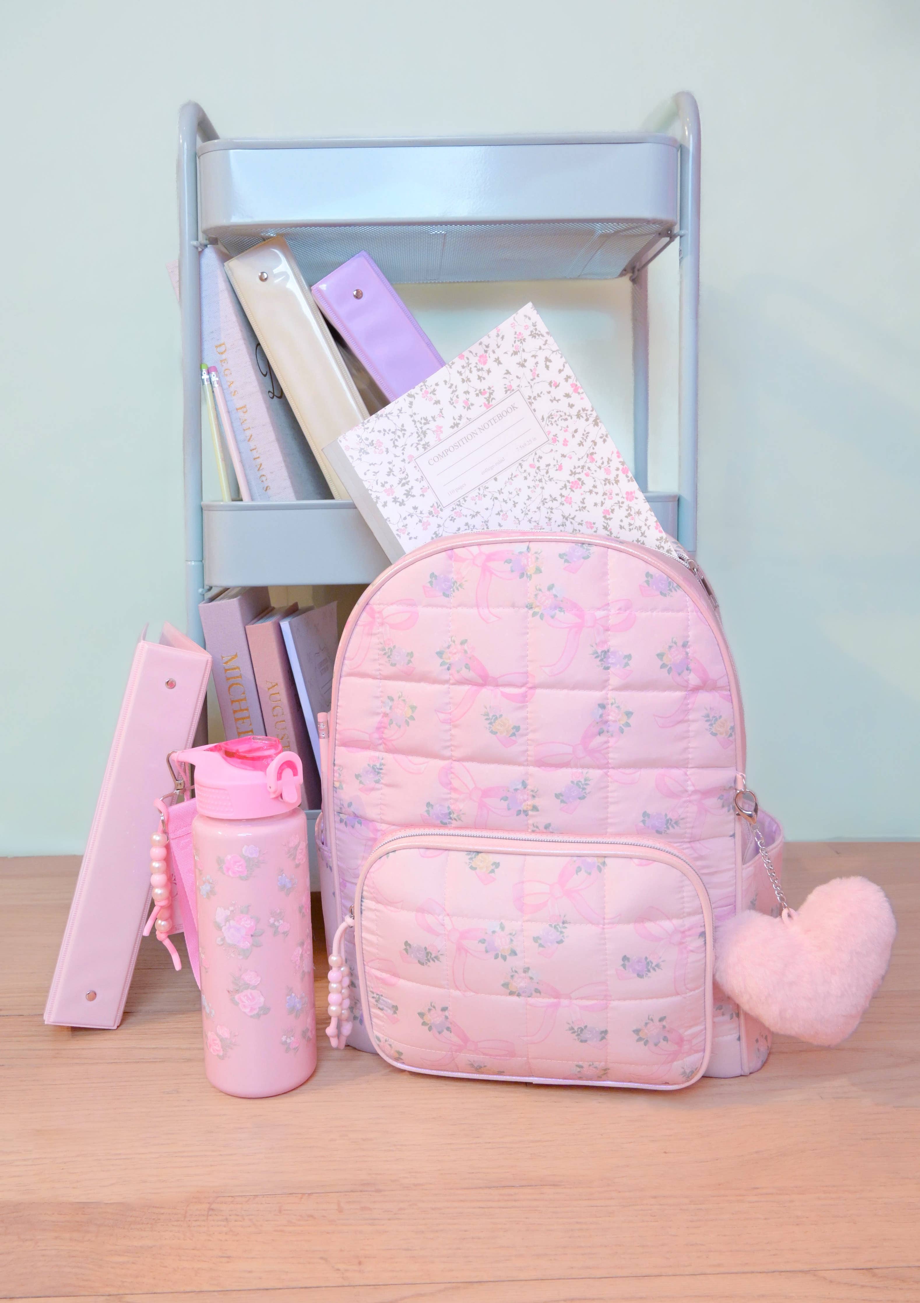 Floral & Bow Quilted Large Backpack With Charm