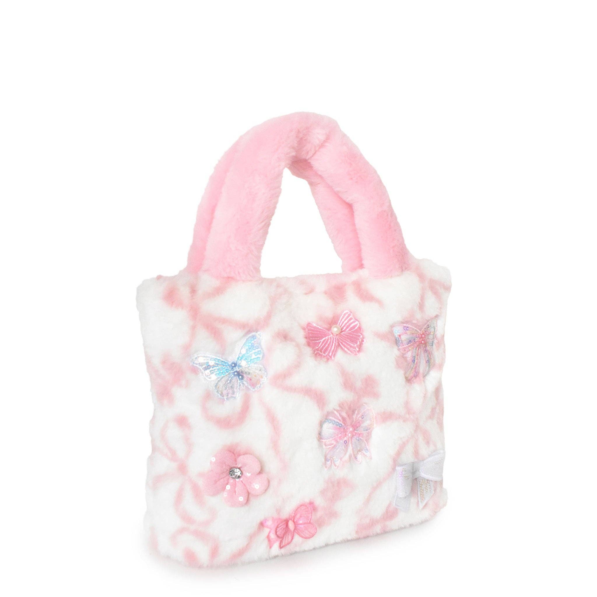 Butterfly Patched Bow Print Plush Mini Tote Bag