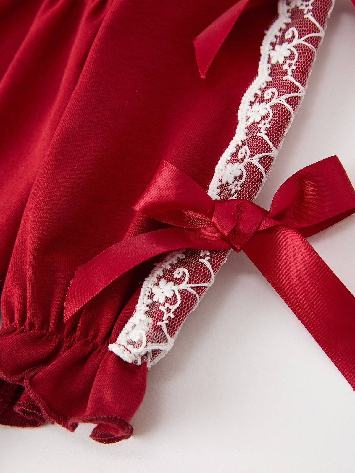 Baby Girls Red Lace Bow Bloomer Set