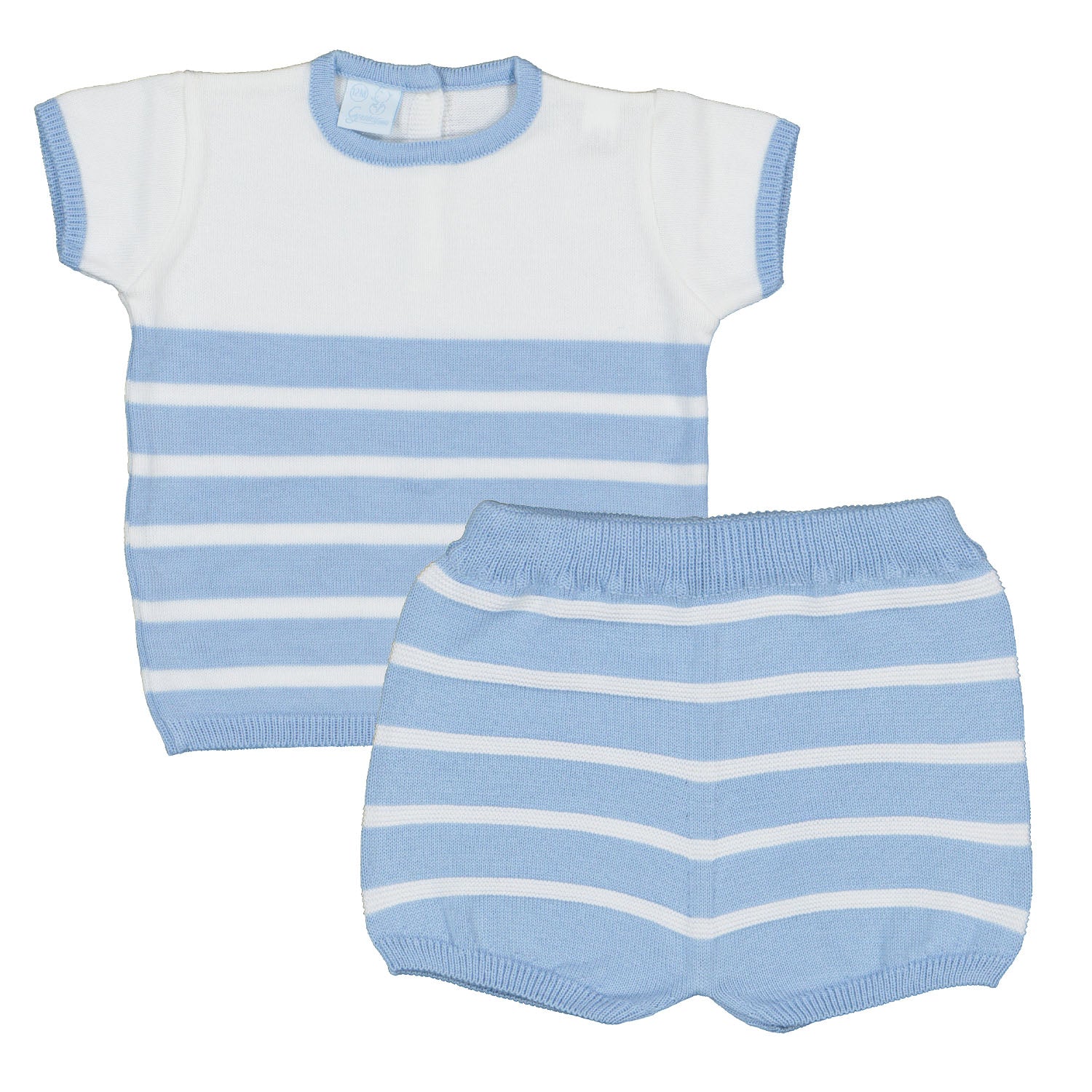 White & Blue Stripe Polo Short Set