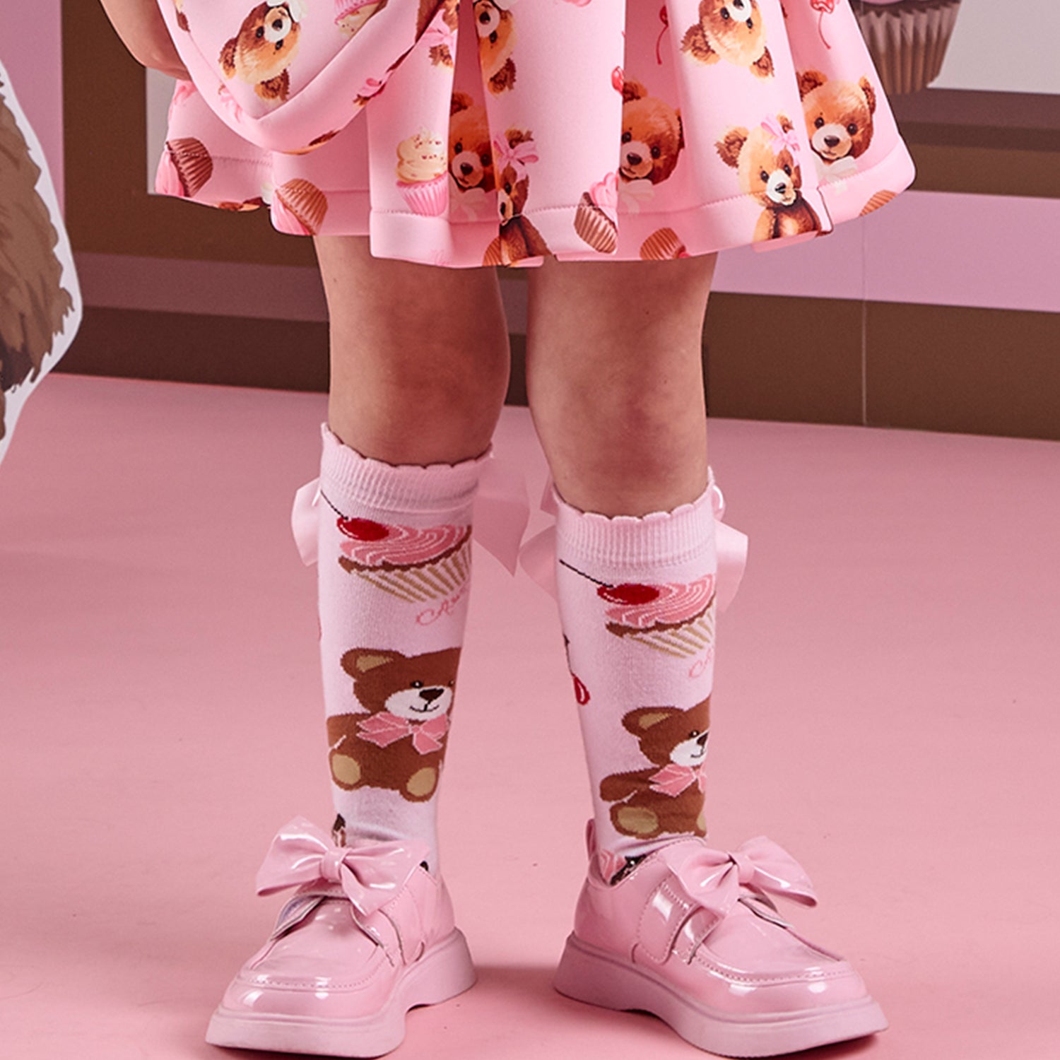 Pink Bear Print Knee High Socks