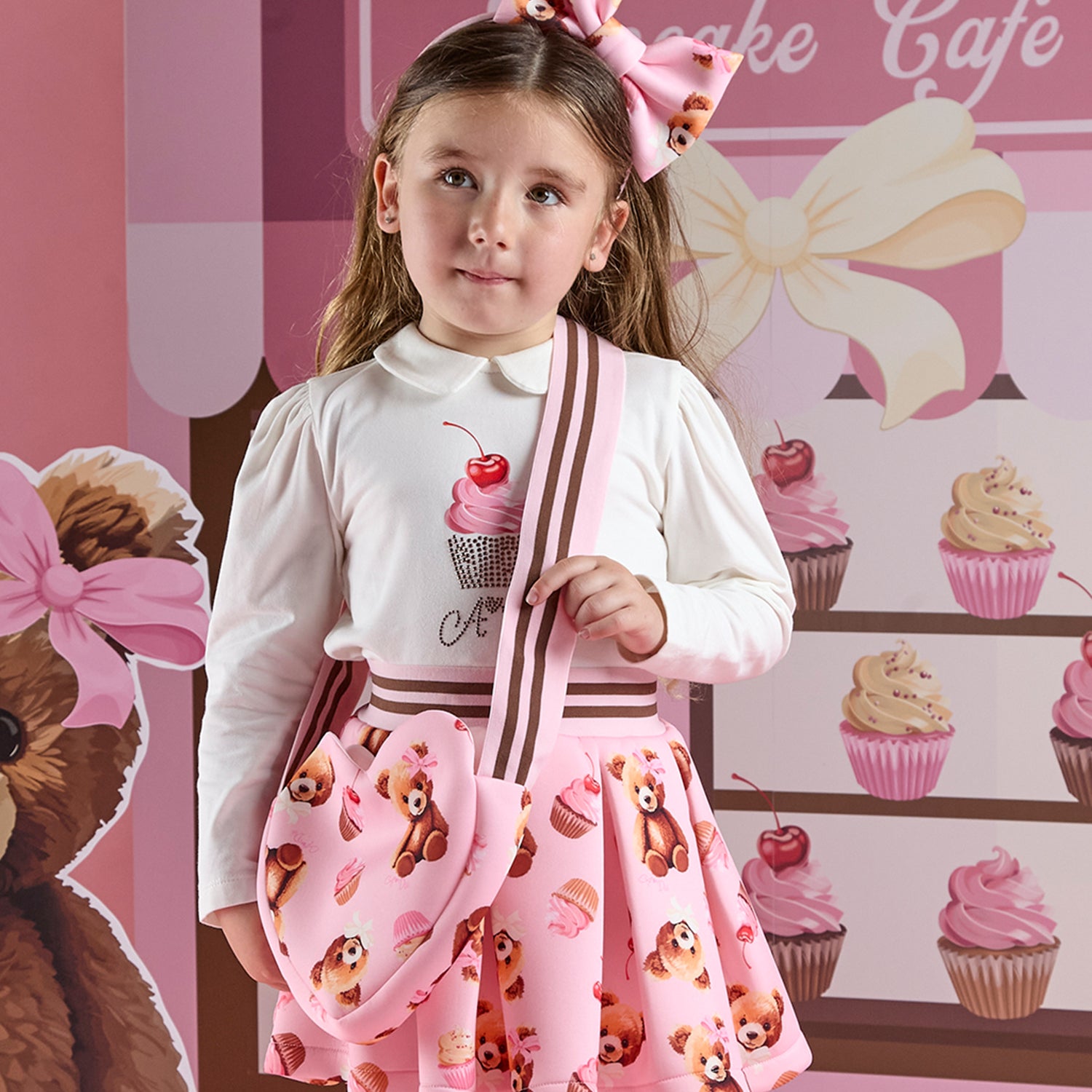 Pink Bear Print Heart Bag