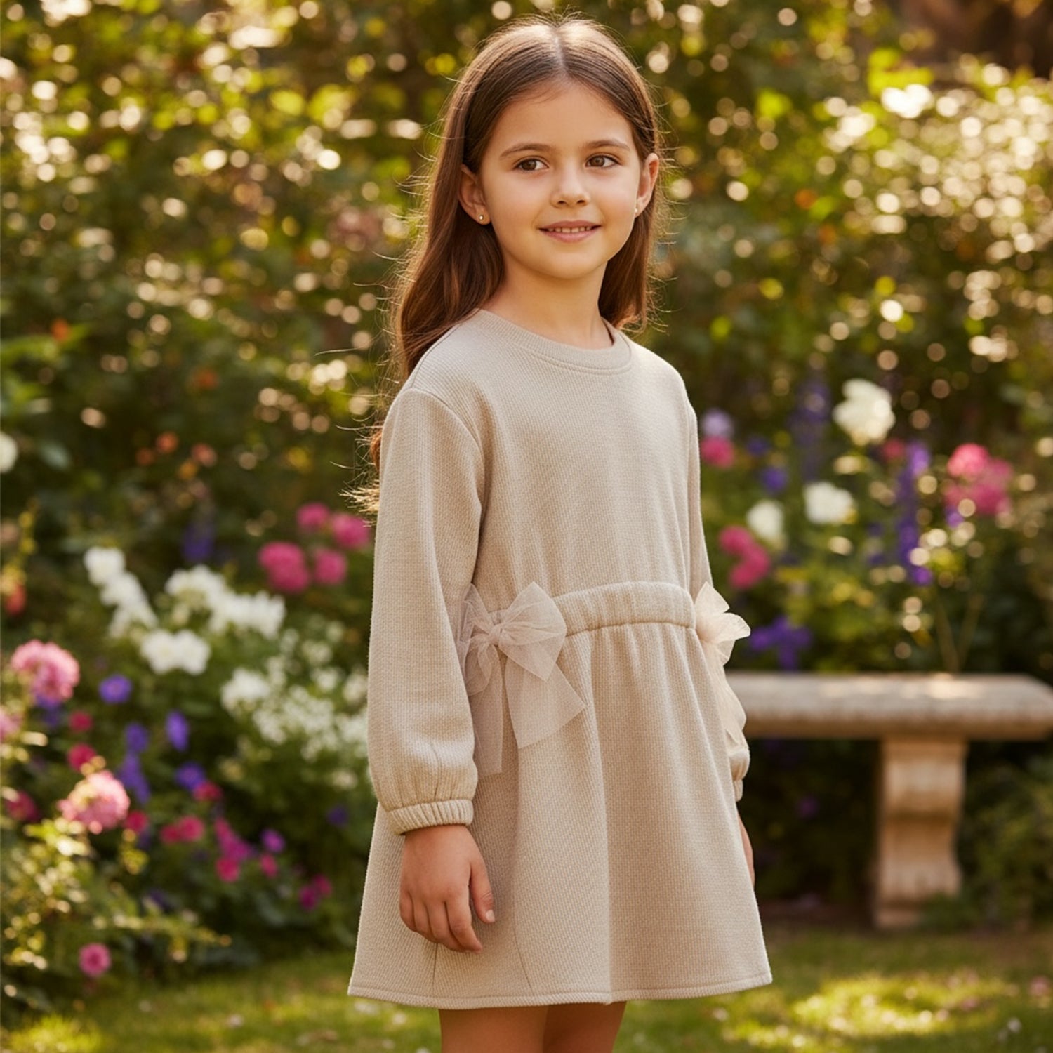 Beige Tulle Trim Dress