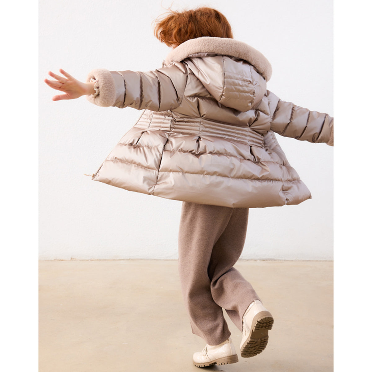 Metallic Beige Fur Trim Puffa Coat