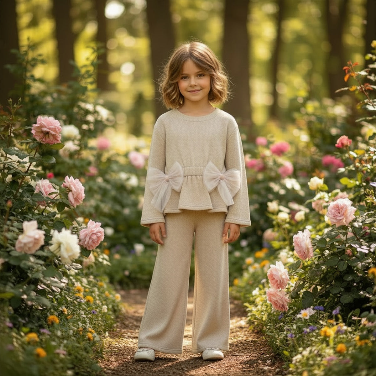 Beige Lurex Knit Trouser Set