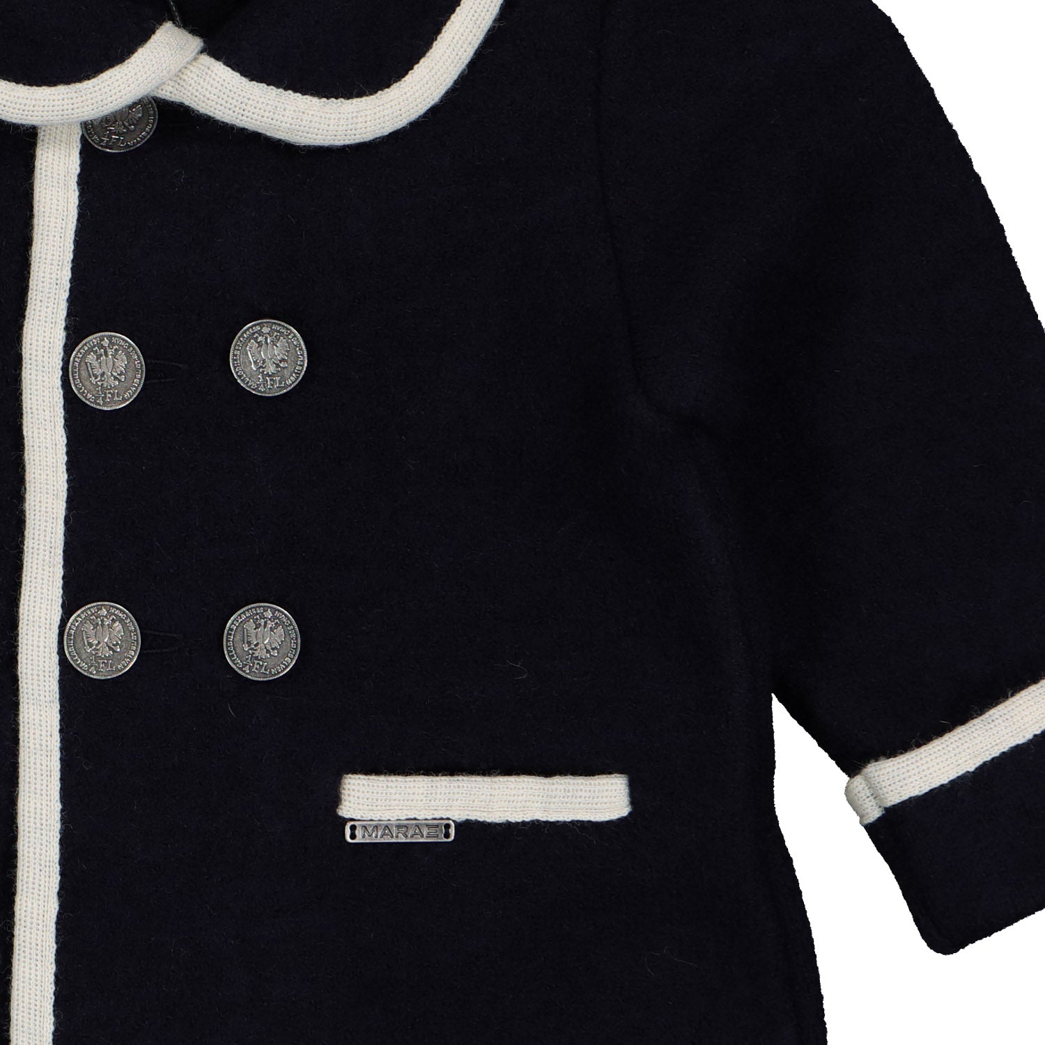 Boys Navy & Cream Trim Wool Coat