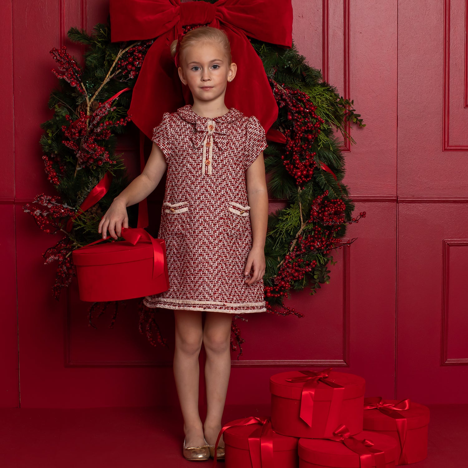 Girls Red Tweed Dress