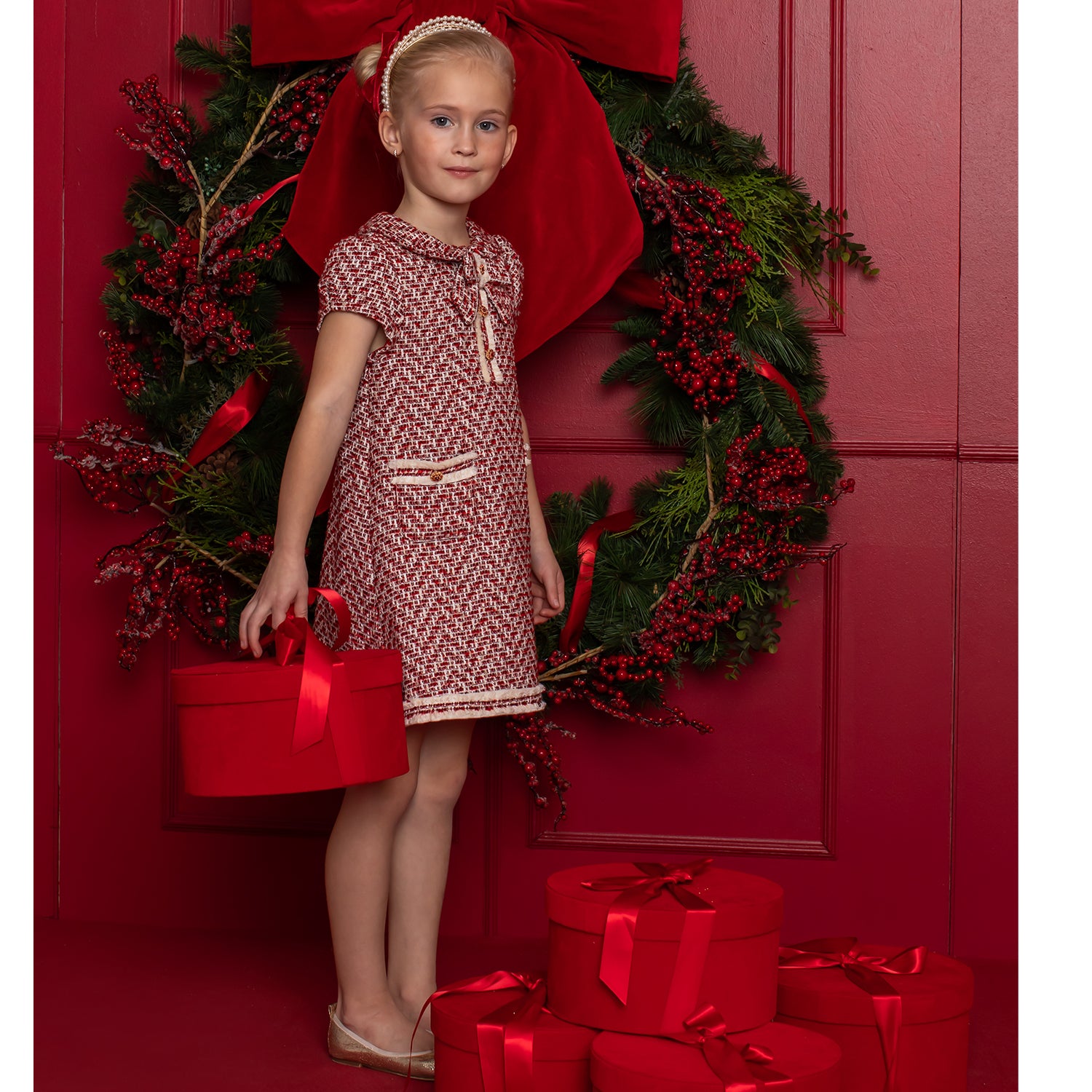 Girls Red Tweed Dress