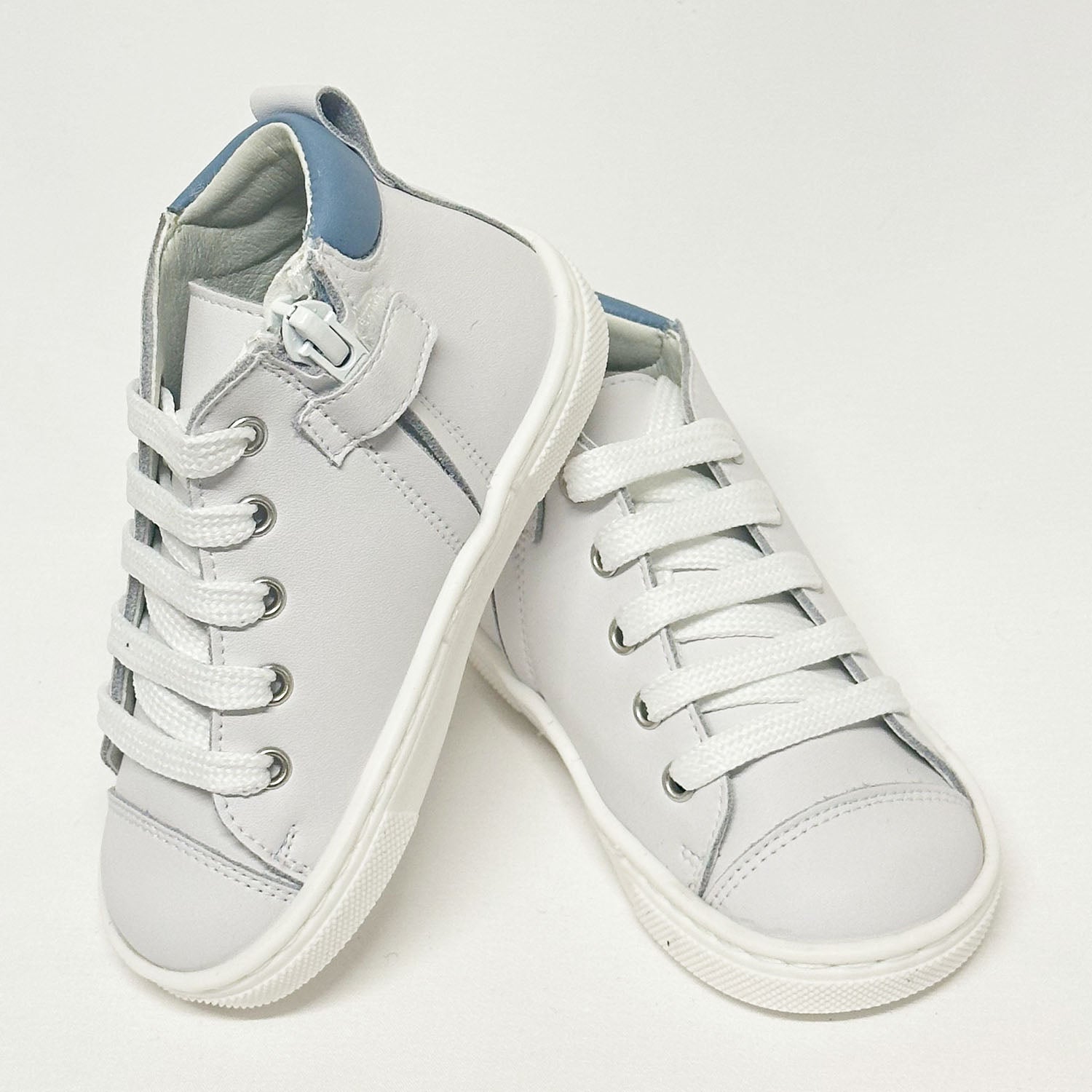 White & Blue Trim High Top Leather Trainer