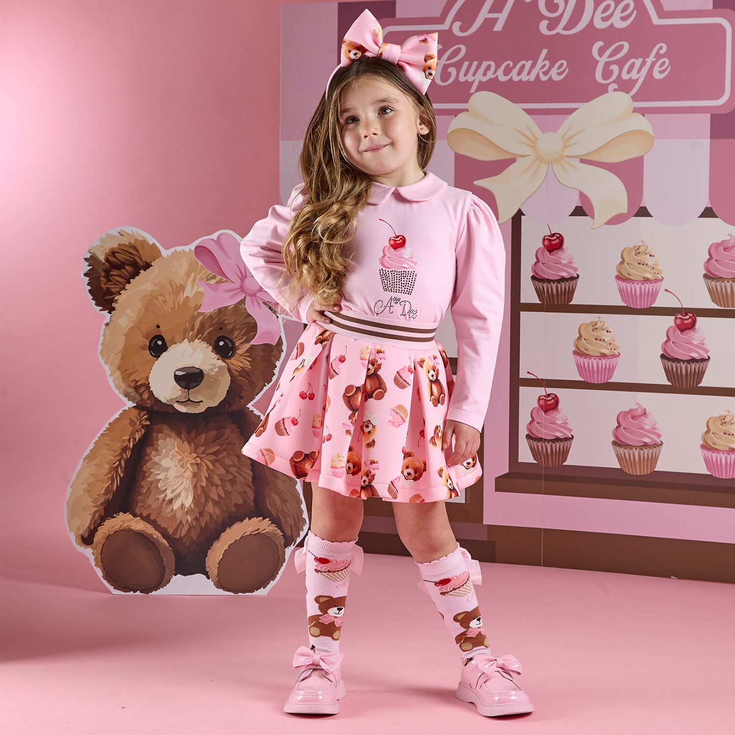 Pink Bear Print Skirt Set