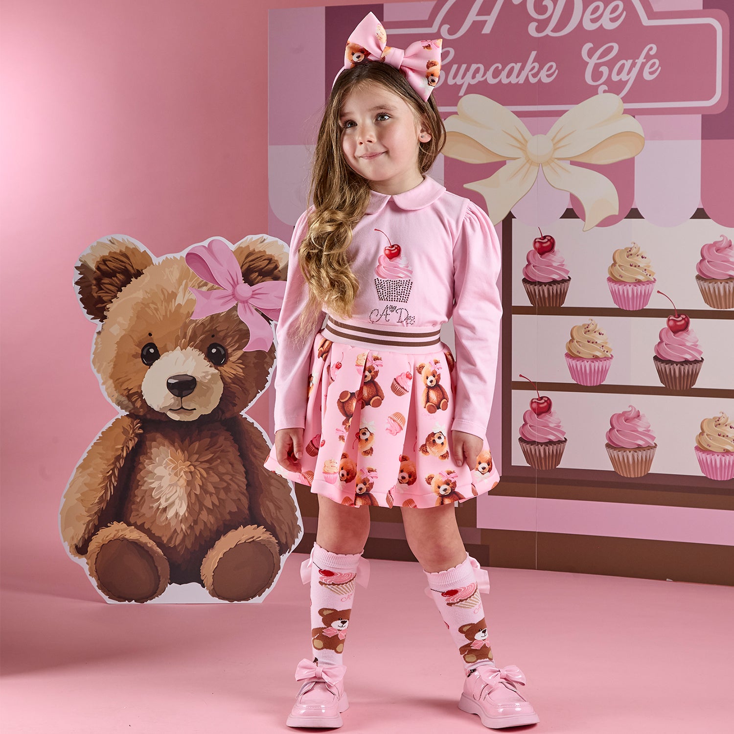 Pink Bear Print Skirt Set