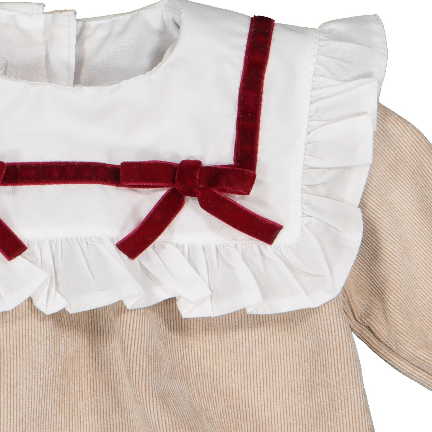 Beige & Red Velvet Trim Dress