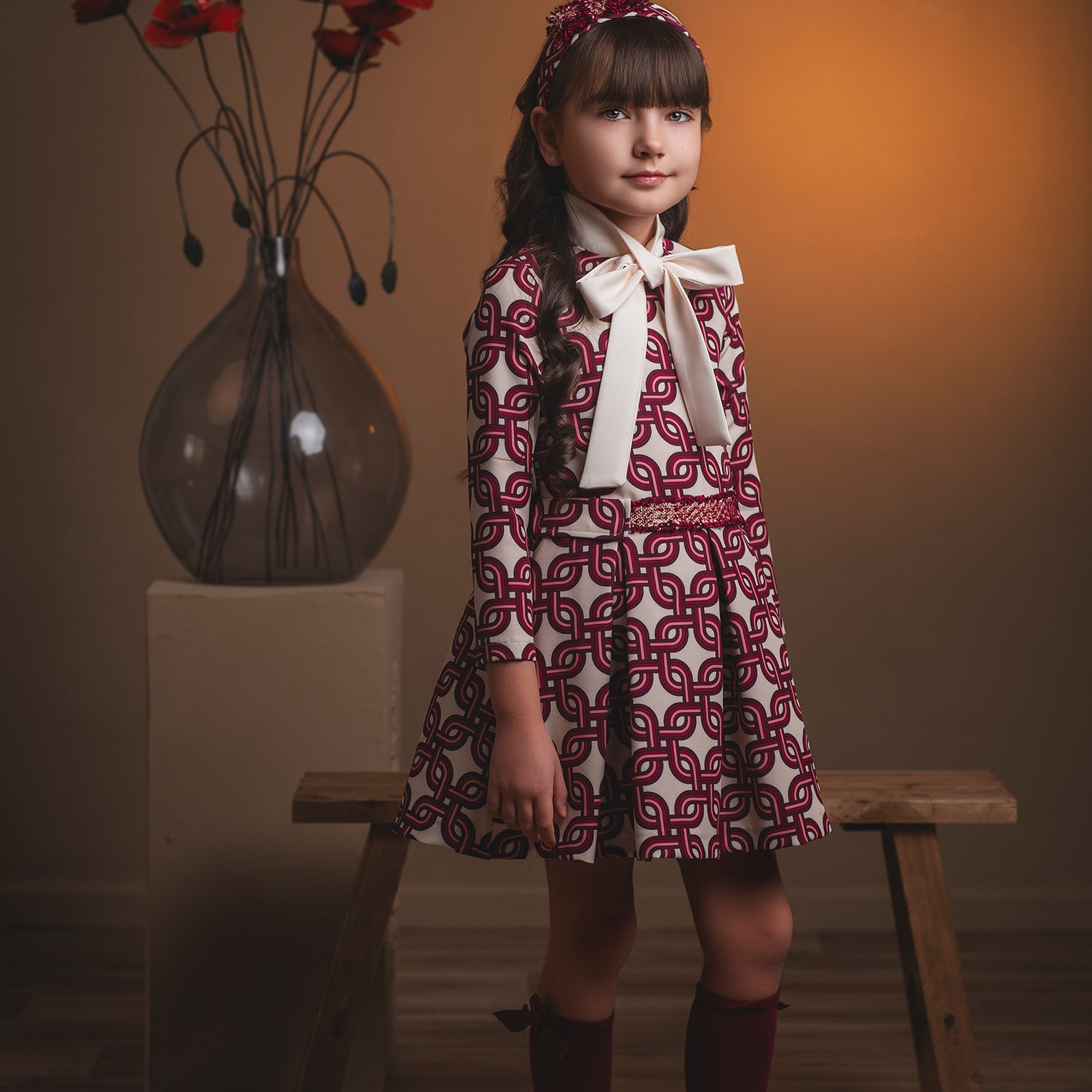 Ivory & Burgundy Sash Collar Geometric Print Dress