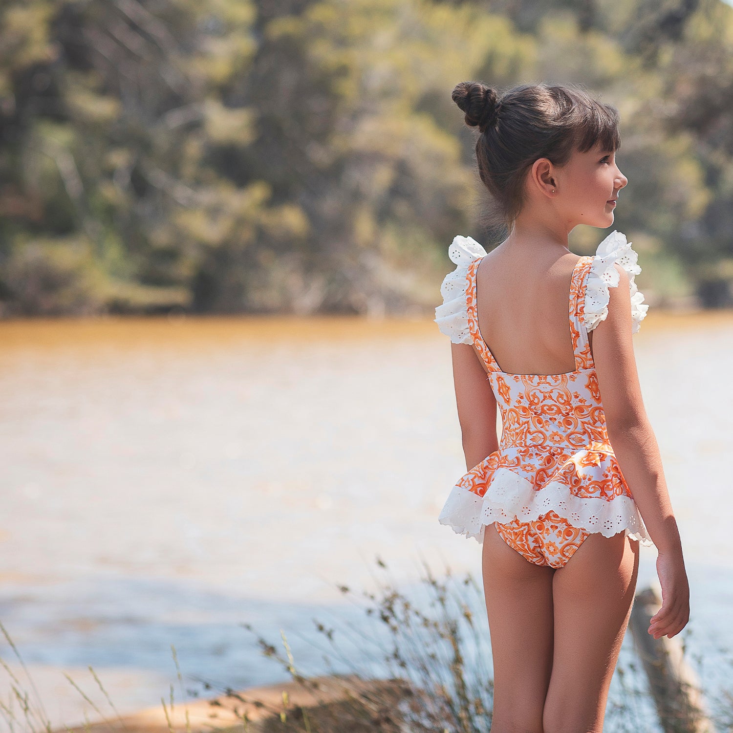 Orange Printed Tile Swimsuit
