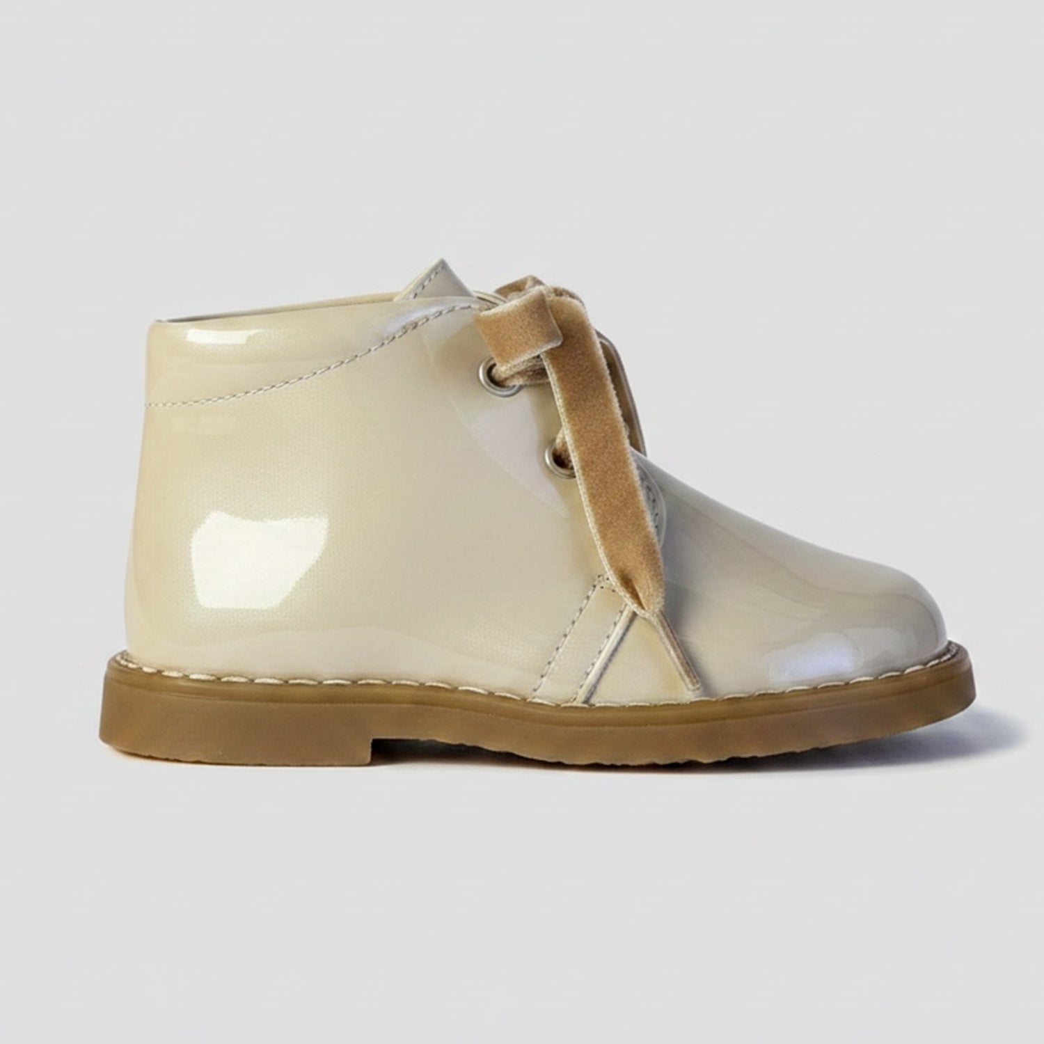 Sand Patent Leather Velvet Lace Ankle Boot