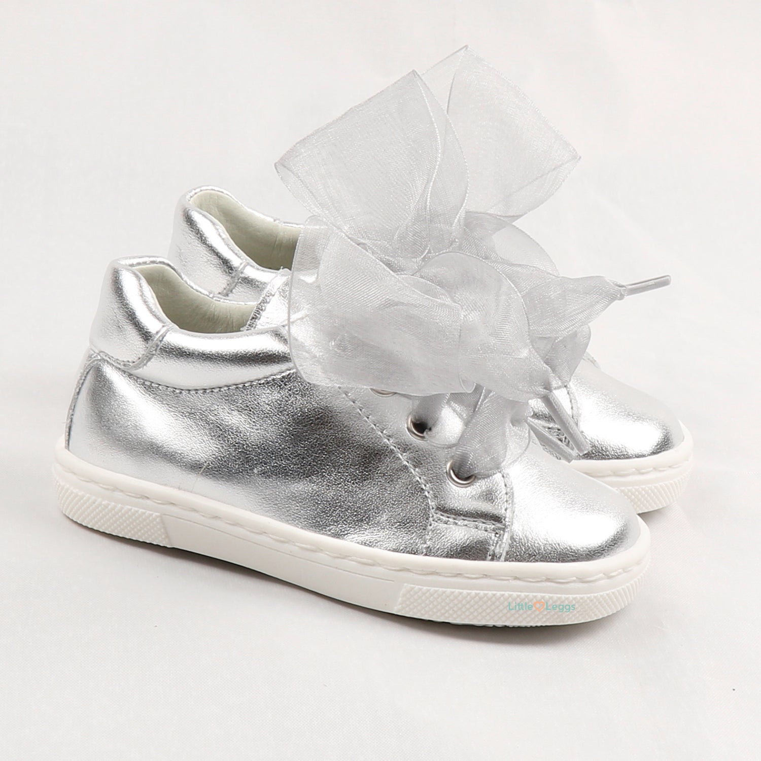 Metallic Silver Leather Tulle Trainer