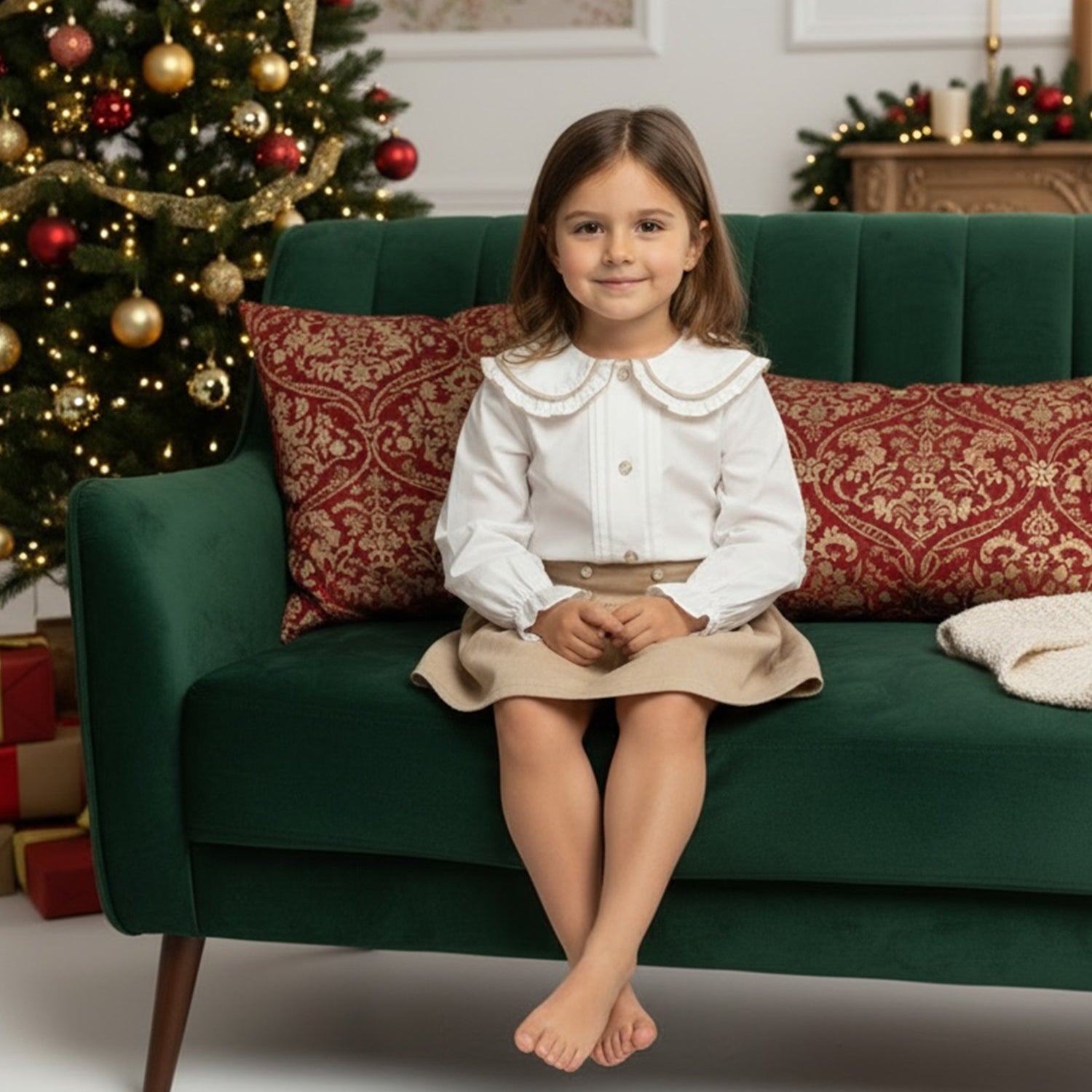 Beige Velvet Skirt & Blouse Set