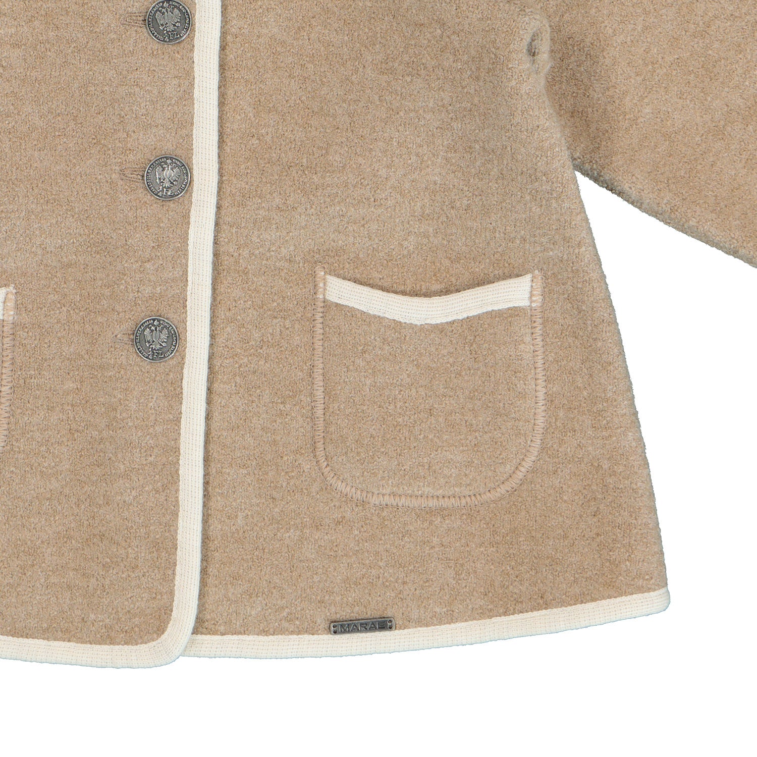 Girls Beige & Ivory Trim Wool Coat