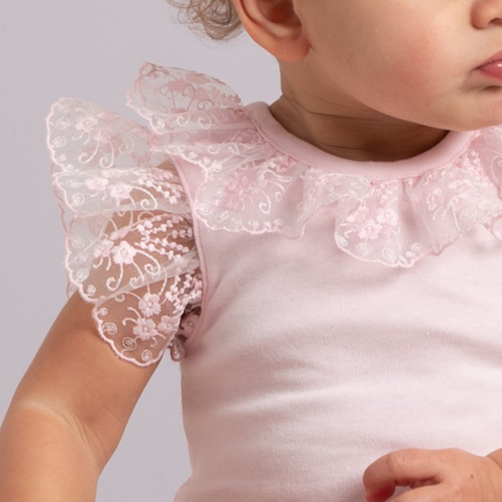 Pink Short Sleeved Lace Frill Body
