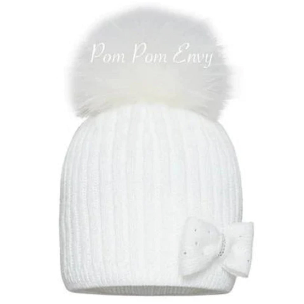 White With White Bow Pom Pom Hat