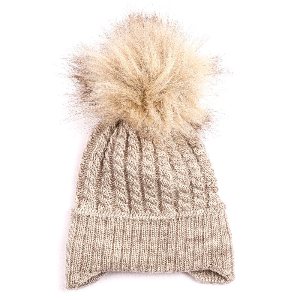 Beige Cable Knit Pom Pom Hat
