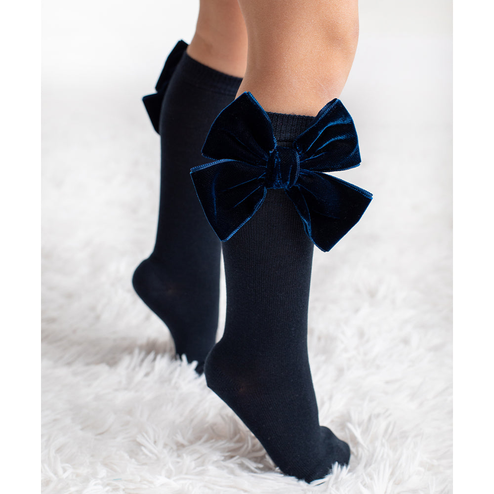 Navy Velvet Bow Knee High Socks