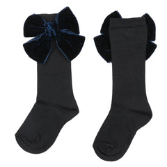 Navy Velvet Bow Knee High Socks