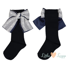 Navy Lace Bow Knee High Socks