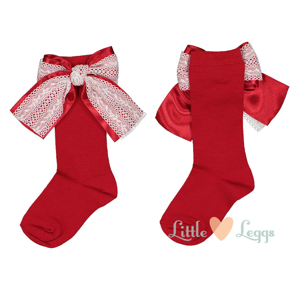 Red Lace Bow Knee High Socks