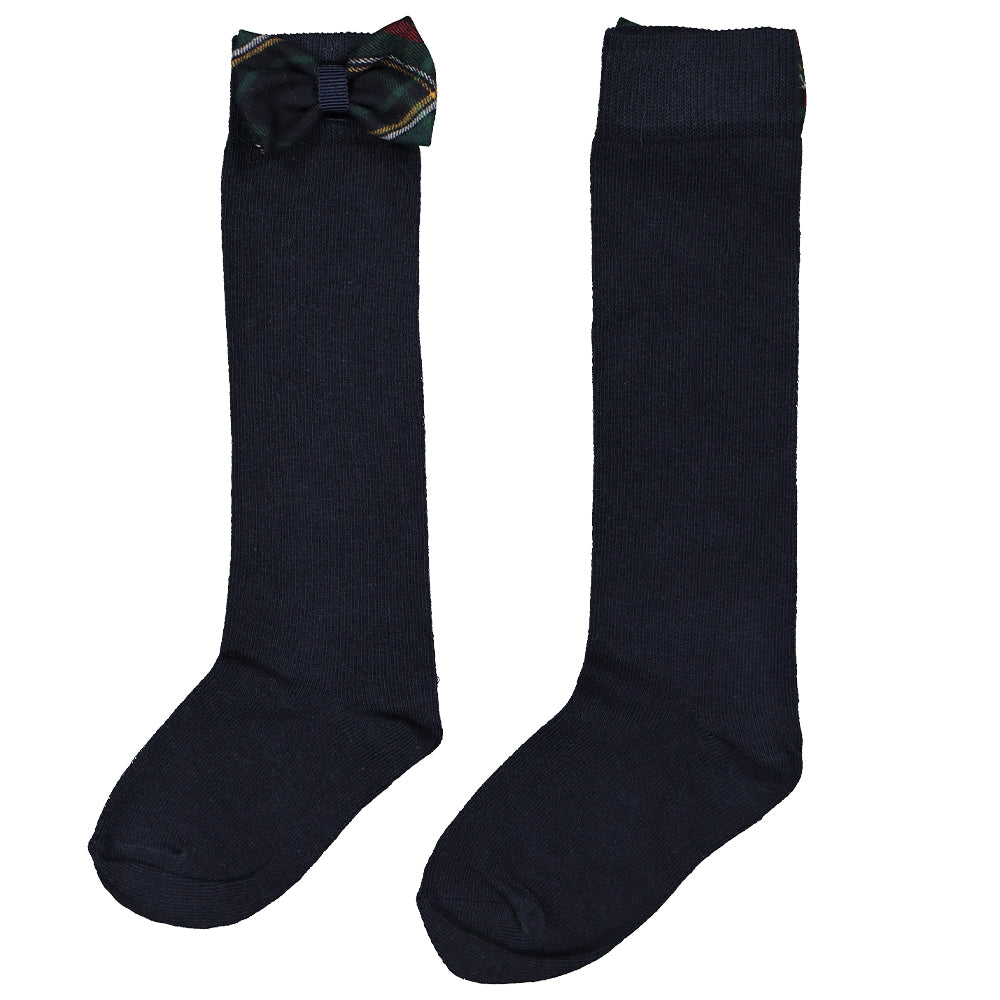 Navy Tartan Bow Knee High Socks