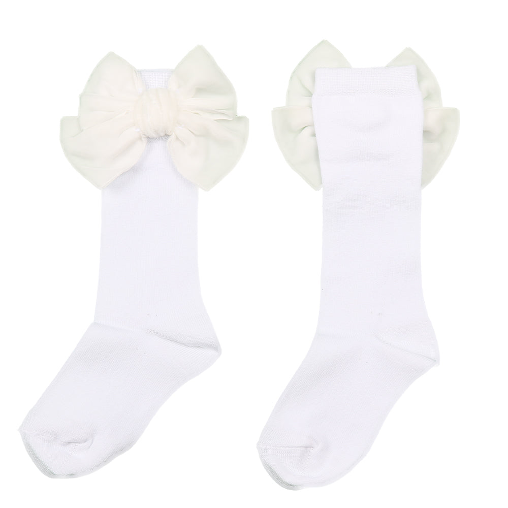 White Velvet Bow Knee High Socks