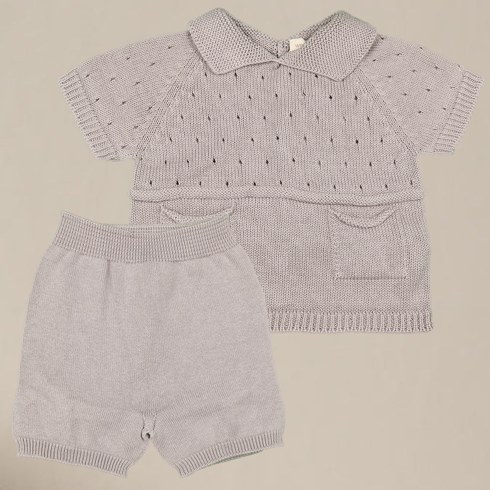 Grey Patterned Knit Polo Set